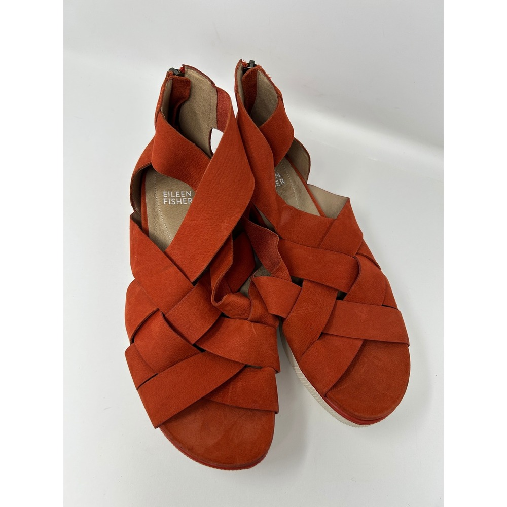 Eileen Fisher Burnt Orange Leather Gladiator Sandals Back Zip Platform Women 9.5